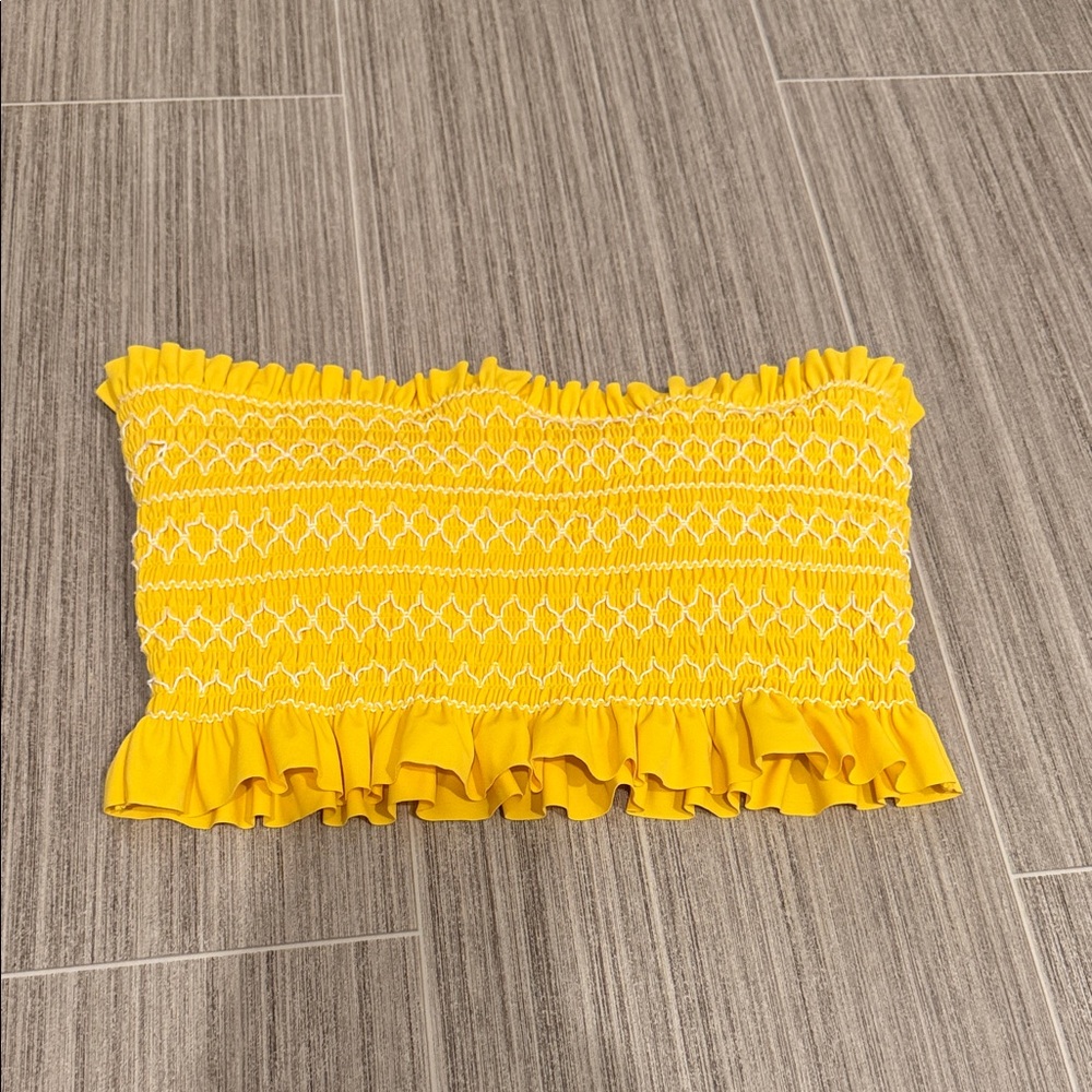 Yellow Ruffled Smocked Strapless Bikini Top Lined Support Removable Straps